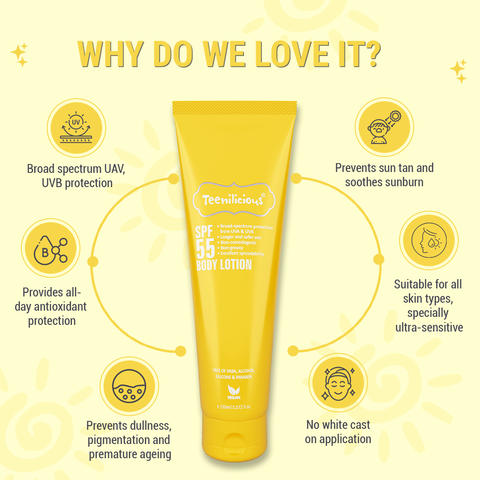 Teenilicious SPF 55 Sunscreen Body Lotion, SPF 50 PA+++, Sunscreen for Oily Skin and Sensitive Skin 150ml Teenilicious SPF 55 Sunscreen Body Lotion, SPF 50 PA+++, Sunscreen for Oily Skin and Sensitive Skin 150ml